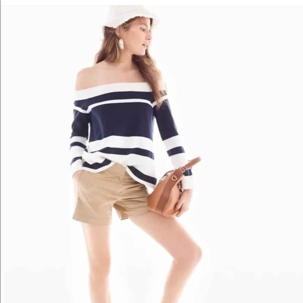 J. Crew Navy and White Striped Off-the-Shoulder Sweater